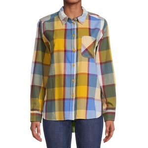 Time and Tru Blue and Yellow Button Down Flannel Shirt with Long Sleeves Women L